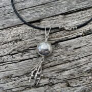 domed-bead-silver-pendant-leather-thong-tassels-front-sandrakernsjewellery