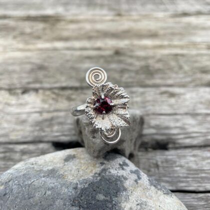 vine leaf-garnet-ring-spiral-sterling silver-sandrakernsjewellery